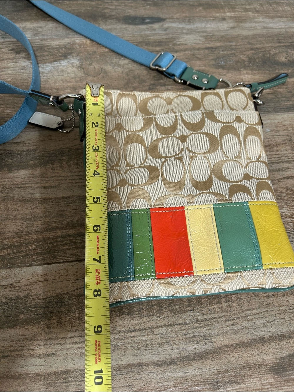 Coach Beige Signature Crossbody with Multicolor Leather Panels and Blue Strap - Picture 9 of 13